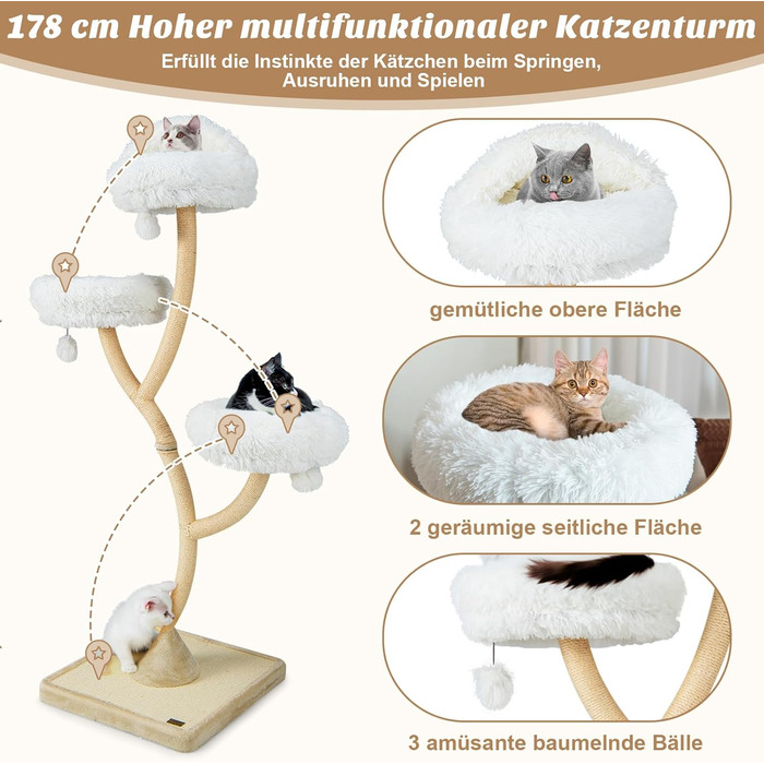 Дерев'яна кігтеточка для котів COSTWAY 178 см з 3 лежаками, іграшками та сизалевими стовпчиками, велика, з металевим каркасом, бежева