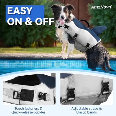 AMZNOVA Жилет для плавання собак Shark, жилет з ластами та плавником акули, рятувальний жилет для собак, для катання на човні, допомога у плаванні, легкий, L, (XL: 79-97cm (обхват грудей), Majolikablau)