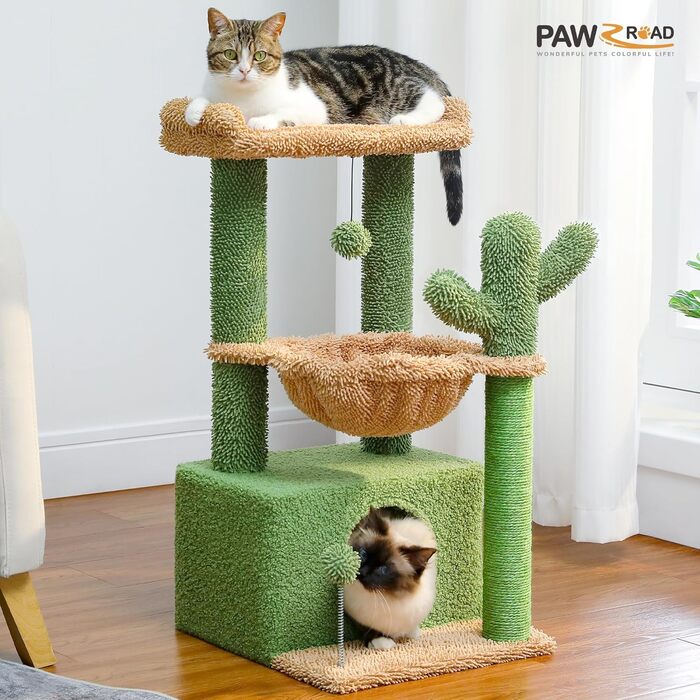 Дряпка для котів PAWZ Road «Кактус», з гамаком, зелена, 83 см – котячий комплекс із сизалем, для дому
