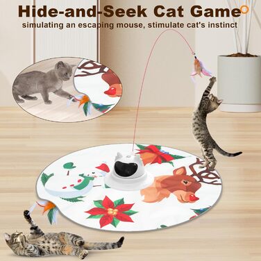 Інтерактивна іграшка для котів 3-в-1 Spessn: хованки, пір'я, лазерний вказівник. Перезаряджувана, для котів будь-якого віку. Біло-червоний дизайн (новорічний стиль)