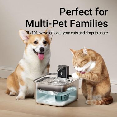 Фонтанчик для котів DownyPaws з нержавіючої сталі, бездротовий, з датчиком руху, 3л, тихий, легко миється, з 6 фільтрами