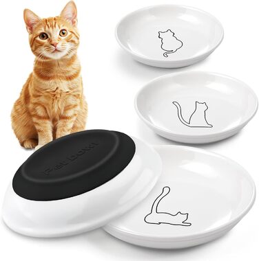 4 миски для котів з кераміки, годівниця для кота з неслизьким гумовим дном, миска для котів, що запобігає втомі вусів, широка та плоска годівниця для кошенят та дрібних тварин (4 шт.)