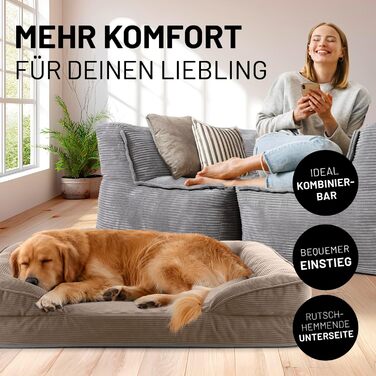 Ортопедичне ліжко для собак Lumaland з корду | Ергономічне собаче ліжко-софа 110x75 см - для великих собак | Нековзне дно | Зручна наповнювач та знімна чохол | Корзина для собак з Memory Foam Cord - Світло-коричневий 110 x 75 см - L