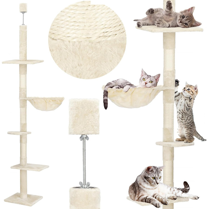 Котячий комплекс SPRINGOS з дряпалкою, лежаком та регульованою висотою 245-260 см, кремовий
