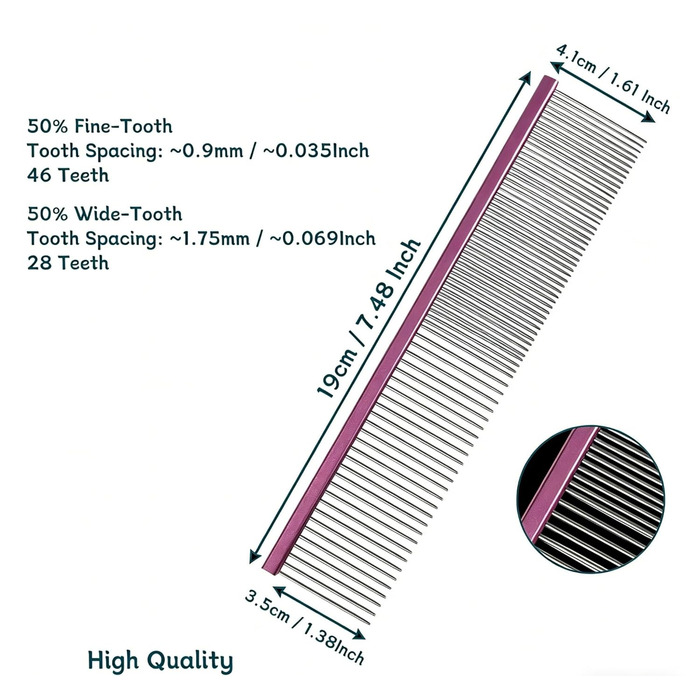 Гребінець для догляду за домашніми тваринами для видалення намотаного хутра, запобігає ковтунам та сплутаностям, довгі зуби, коротке хутро (Колір2), довжина - 19 см