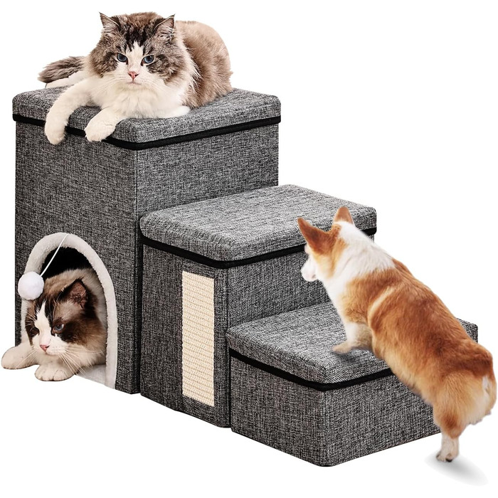 Сходинки для собак маленьких порід, 43 см, 3 сходинки, складаються, з которачкою, протиковзке покриття, до 50 кг, сірі