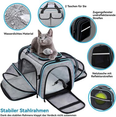 Транспортна переноска для котів та собак, велика, 46x28x29 см, розширювана, сіра. Підходить для котів, собак, цуценят, авіаперевезень.