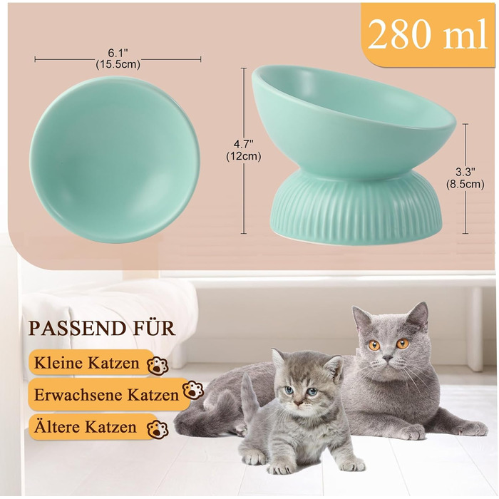 Підвищена годівниця для котів з кераміки, нахилена - проти блювоти, 280 мл, діаметр 15,5 см, білий колір, велика (зелена, велика)