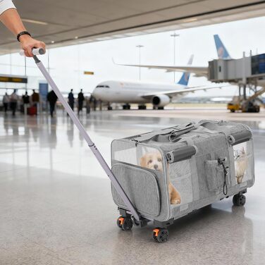 Транспортна переноска для котів та собак Apriltop з двома відділеннями та колесами, 60x40x45 см, сіра