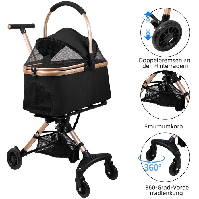 Візок для собак 3 в 1, розкладний, для маленьких собак та котів, знімний кошик, візок для тварин, портативний, сітка, оксфордська тканина, до 20 кг (Темно-зелений) (Чорний)