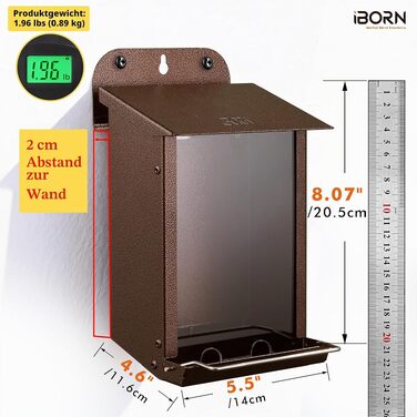 Годівниця для птахів iBorn Wand-Vogelfutterhaus для вулиці з металевим вологостійким дахом, навісна металева годівничка для дерева, паркану або стіни, легка в очищенні, колір кава