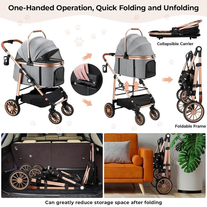 Візок для собак MAMIZO 4-в-1, до 25 кг, з амортизаторами, складний, для котів та собак (сірий)