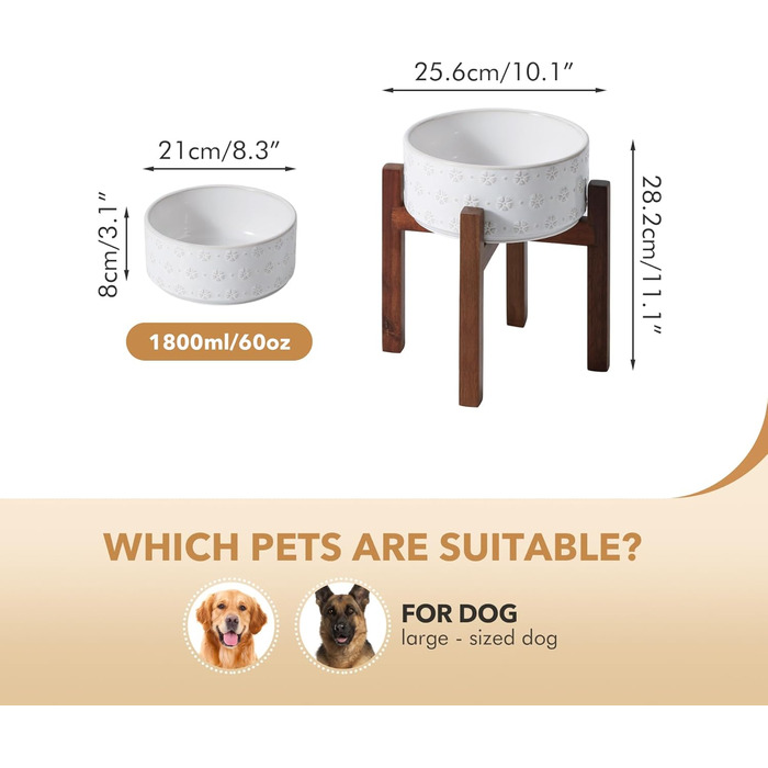 Набір керамічних мисок для собак великих порід з підставкою з акації (21 см), 1800 мл, колір Арктичний білий