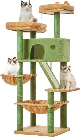 Котячий комплекс кактус 180 см для великих домашніх котів, багаторівнева когтеточка з 8 сизалевими стовпчиками, металевим каркасом, гамаками, лежанками і будиночком