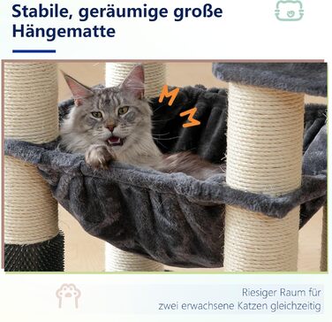 Кігтеточка XXL для мейн-куна, 168 см, з гамаком, сизаловим стовпом (φ11 см), коморою, корзиною, 2 платформами, EMPJ01M (димно-сірий)