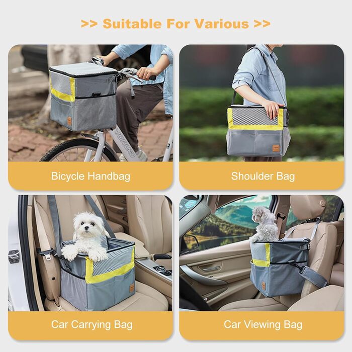 PETCUTE Кошик для собак на велосипед, з ременем безпеки, жовто-сірий, до 7.5 кг