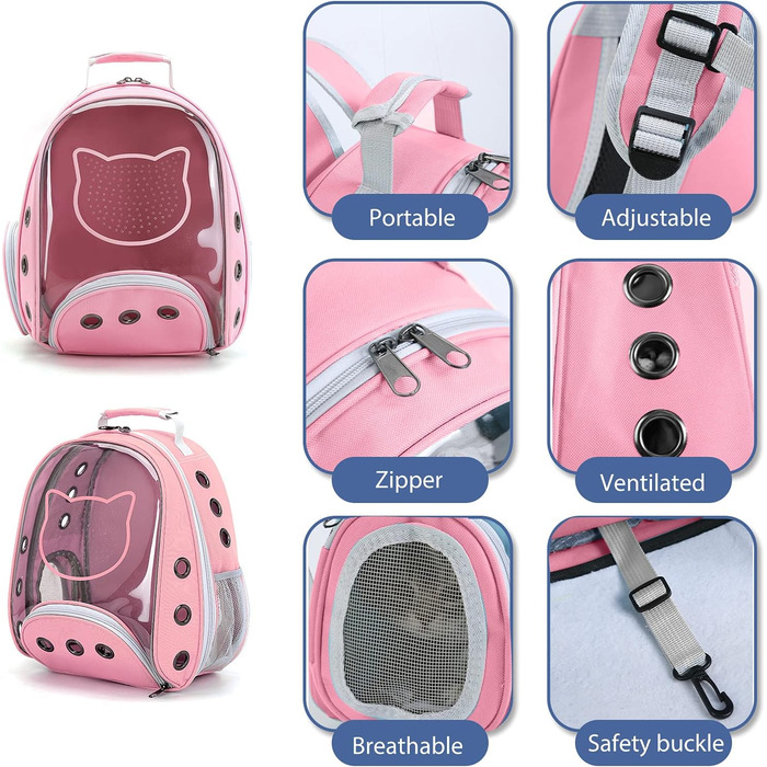 Рюкзак для котів та маленьких собак PETCUTE, рожевий, до 6 кг, знімний килимок, прозоре вікно, для подорожей