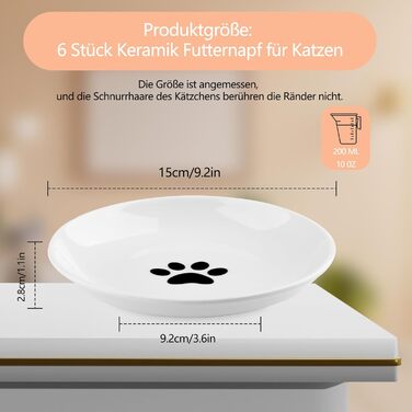 Набір мисок для котів CROUTE 6 шт. з кераміки - широкі миски для котів, анти-високочування, білий колір, з принтом лапки