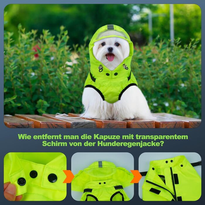 Водонепроникний дощовик для собак OUOBOB з відкидною капюшоном та світловідбиваючими смугами, H-подібне кріплення, розмір M, колір: Neon Green