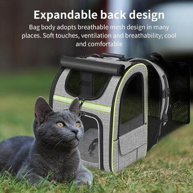 Рюкзак для котів | Переноска для собак, рюкзак для домашніх тварин, розширюваний, дихаючий, складаний, для подорожей, піших прогулянок, транспортування, сірий з зеленими вставками