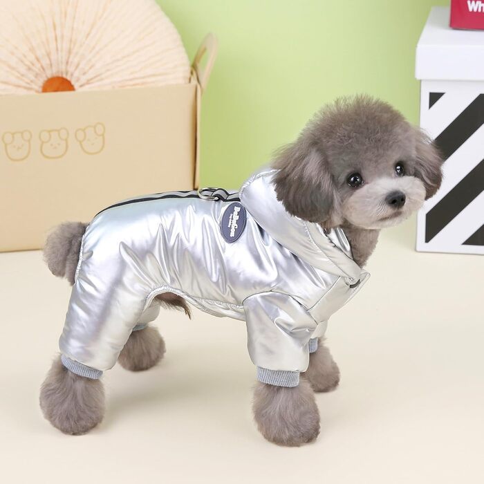 Теплий зимовий одяг для собак Izefia: куртка-комбінезон з бавовни, срібна, для маленьких та середніх собак, L (довжина спини 27 см), XL (довжина спини 32 см)