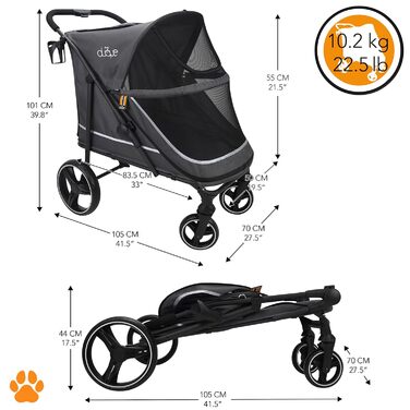 Hundebuggy MY DUQUE CHAMP XL – великий зручний візок для собак та котів, сірий, з дощем, тримачем для напоїв та місцем для зберігання, до 50 кг