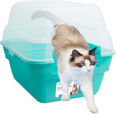 Туалет для котів 3в1 з кришкою, велика закрита котяча туалетна коробка XXL, Jumbo з високими бортами, бірюзовий 55x45x44 см