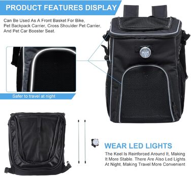 PETCUTE Фарбований кошик для собак і котів на велосипед, чорний, з світловідбиваючими смугами та світлом