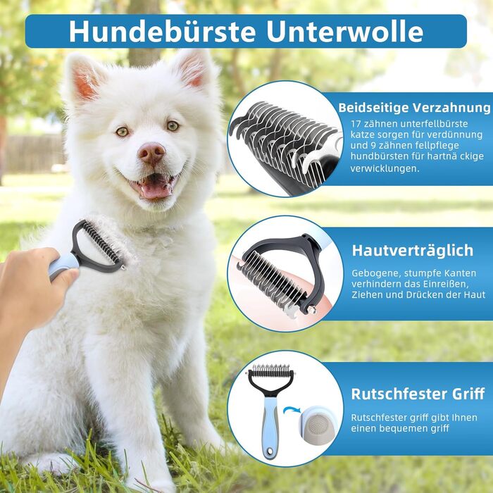 Набір для догляду за тваринами 6 в 1: щітка для собак, гребінець для вичісування підшерстка, тример, гребінець від бліх, щітка для миття | Синій, прямокутний