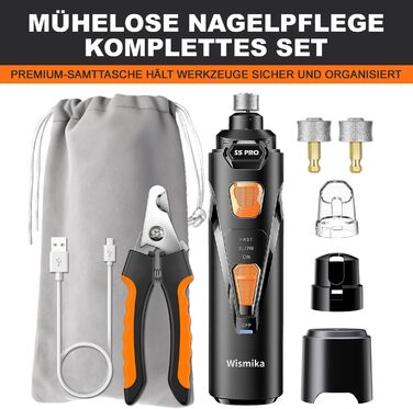 Електрична машинка для підстригання кігтів собак та котів: тиха, з LED-підсвіткою та 2 швидкостями | Перезаряджувана з 3 насадками та аксесуарами | Для безпечного догляду за кігтями