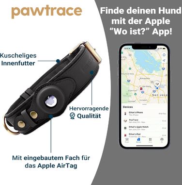 Шкіряний нашийник для собак PawTrace з тримачем для Apple AirTag, регульований, чорний, розмір S (32-45 см), GPS-нашийник для малих і великих собак