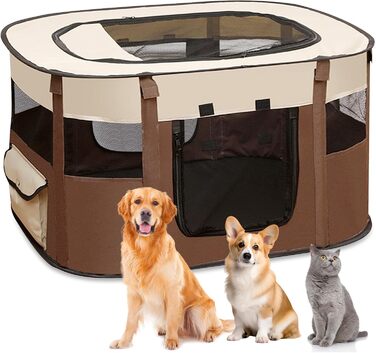 Складана огорожа для собак, вольєр для цуценят, переносний вольєр для тварин, вольєр для цуценят для дому, складаний вольєр для кошенят, собак, кроликів, L (Сірий) (Коричневий, 110 * 85 * 58 см)
