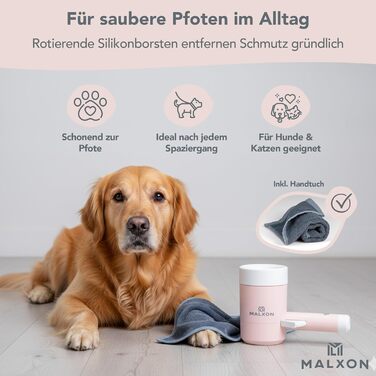 Очисник лап для котів та дрібних собак MALXON® | Ротаційні силіконові щітки, м'яке та швидке очищення, з мікрофібровою тканиною, рожевий/білий