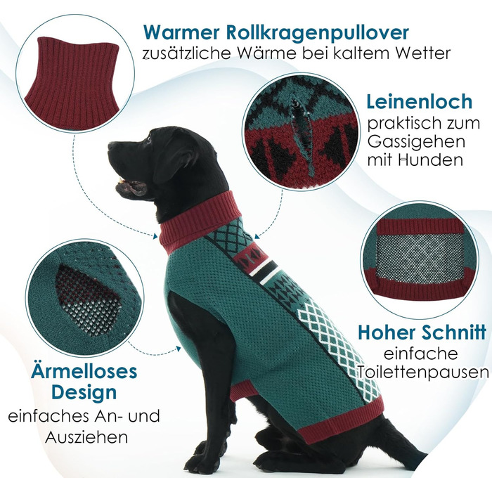 Пуловер для собак Katzinst з коміром-стойкою, зелений, 3XL XXXL. Легкий та теплий пуловер для великих собак, без рукавів, зимовий одяг для собак