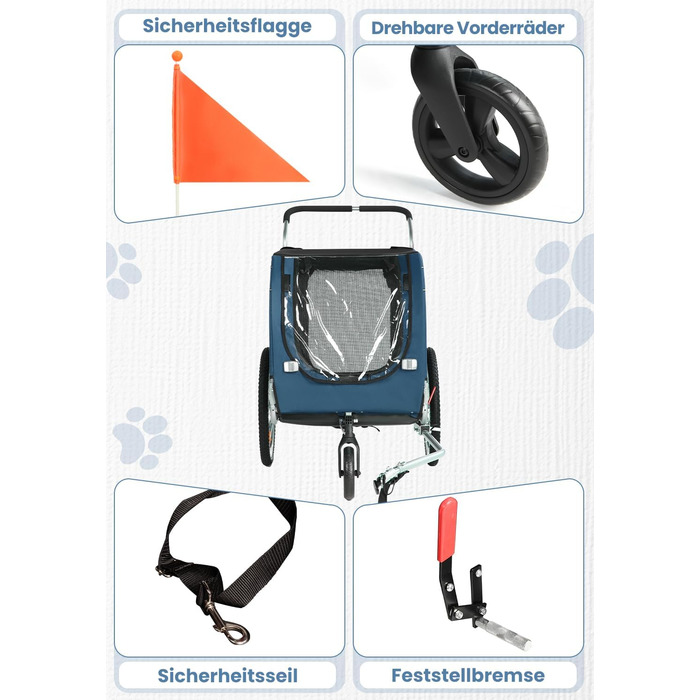SEPNINE® Причіп для собак XL 2-в-1, велосипедний та візок для собак до 40 кг, складний з гальмами та зчіпним пристроєм, для середніх та великих собак – блакитний