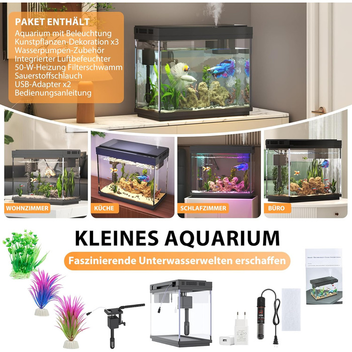 Акваріум Vehipa Nano 9L з підсвічуванням, фільтром, обігрівачем та зволожувачем повітря, UHD-скло, чорний