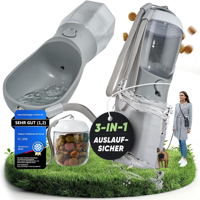 Поїлка-фляга для собак 300 мл - 3 в 1 | Фляга для води для собак, виготовлена з BPA-free матеріалу, з функцією автоматичного наповнення | Підходить для маленьких та середніх собак, сірого кольору