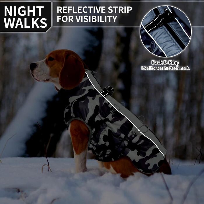 Водонепроникний теплий зимовий одяг для собак - куртка з отвором для шлейки, з відбиваючими смугами, для малих, середніх та великих собак, колір: сірий камуфляж, розмір: S