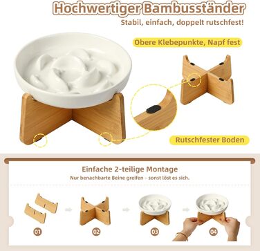 Антислизький годівниця для котів з кераміки з металевим підставкою - Підвищена годівниця проти захлинування - Лабіринтова миска для повільного годування - Рожевий (миска + бамбук - білий)