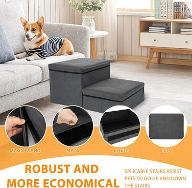 Сходинки для собак зі зберіганням, 2 сходинки, складані, широкі, антиковзні, для собак та котів, сірий, 60×40×30 см