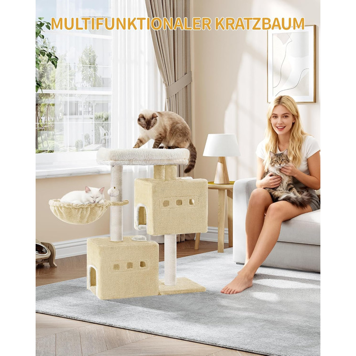 Дерево для кігтів Hzuaneri Kratzbaum 75 см, стійкий, з великою лежанкою, гrottoм, сизалевими стовпами, кошиком та іграшками, меблі для котів, MS07618LG (55 x 30 x 75 см, бежевий)