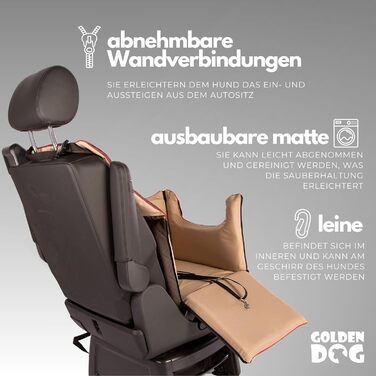 Транспортна переноска для собак Golden Dog з кріпленням на ремінь безпеки, 65x53x27 см, колір коричневий. Імітація шкіри, водовідштовхувальна, складна, підходить для автомобіля.