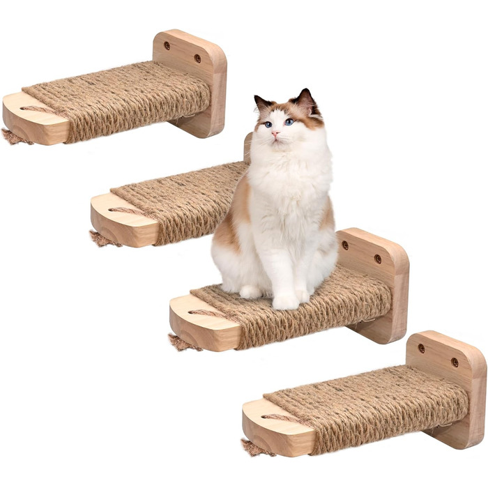 Сходинка для котів SIYUNTECH® на стіну (4 шт.), ігровий комплекс для котів, з дерев'яною платформою, з масивного гумового дерева 2 см, для лазіння та ігор, максимальне навантаження 35 кг, жовтий, 4 шт.