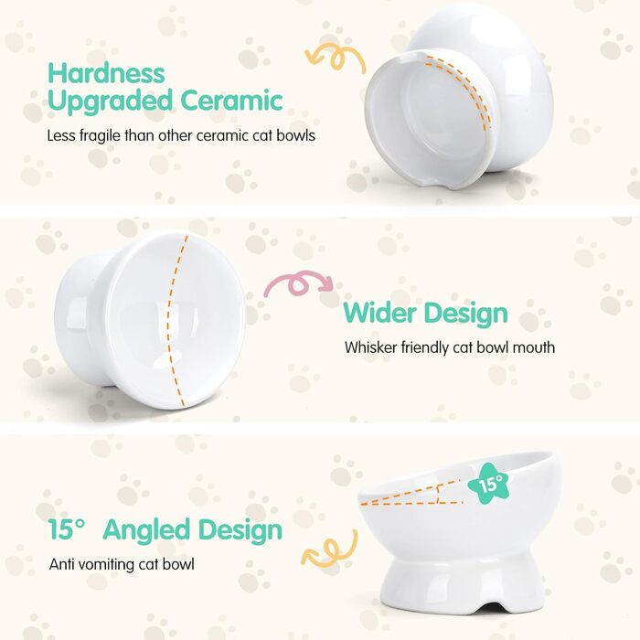 Набір мисок для котів Nobleza (2 шт) з кераміки, нахил 15°, проти блювоти, для корму та води, підходить для котів та маленьких собак, білий колір