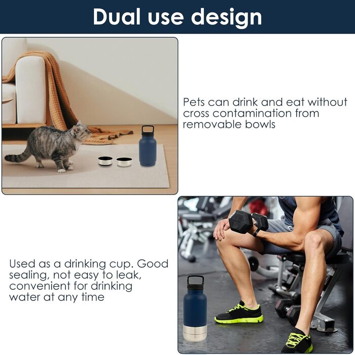 Вода для собак 3 в 1: пляшка, миска, ізоляція. 900 мл, нержавіюча сталь, BPA-Free. Ідеально для прогулянок та подорожей