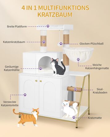 Котячий будинок 4-в-1 з туалетним шафкою, сучасний білий крислатий комплекс з платформою, драбинкою, сизалевою царапкою, м'якою іграшкою та миючими подушками CB81013A