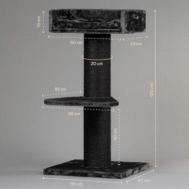 Дряпка для великих котів RHRQuality Maine Coon Lounge Blackline, темно-сіра, з товстими 20 см стовпами з сизалю