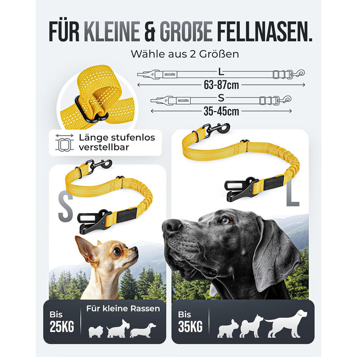 Автогурт для собак 'Argo' – регульований, з амортизацією та ISOFIX, для всіх порід (S, жовтий, 35-45 см)