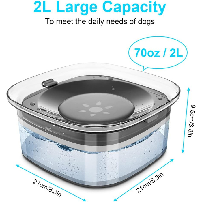 Миска для води для собак, 2 л, повільна годівниця, миска-поїльник без облизування, водонепроникна, для подорожей, прозора