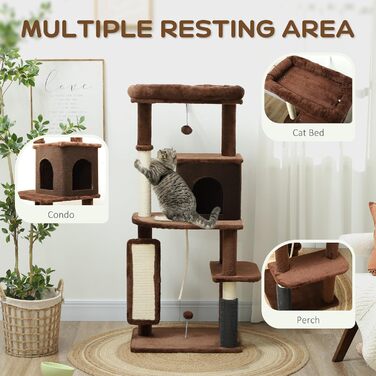 Котячий комплекс PawHut 132 см з когтеточкою, платформами, кулями та килимком, коричневий (55x44x132 см)